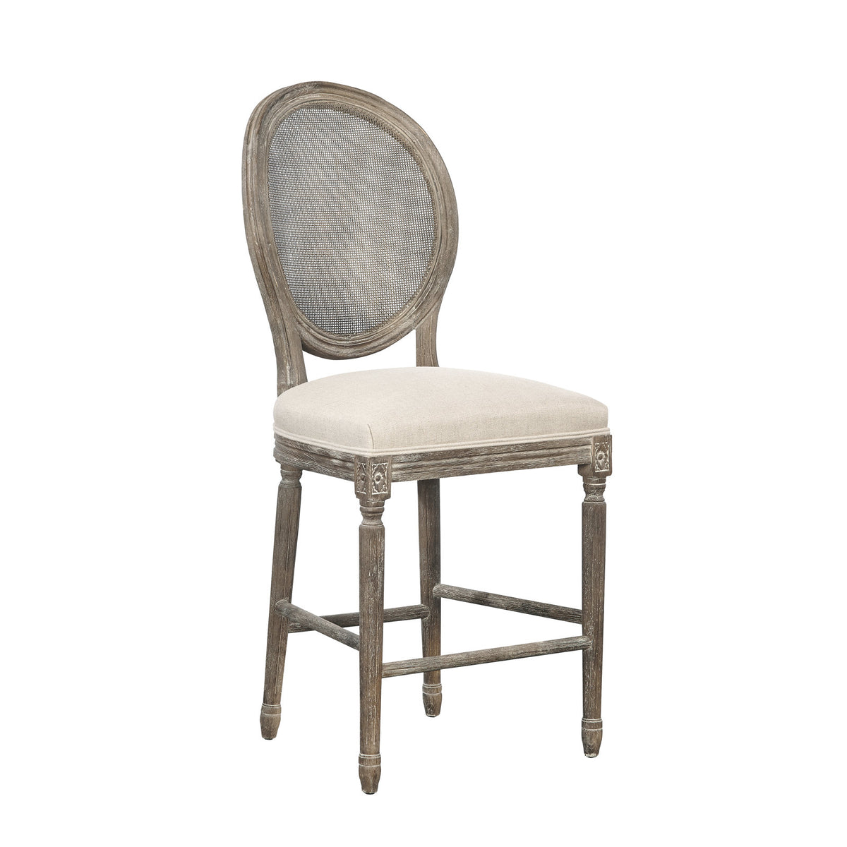 Counter Stool, Solid Oak, Rattan Back, Beige Linen Seat, Gray Base