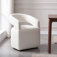 Dining Armchair on Casters, Ivory Polyester, Manufactured Wood Frame