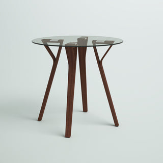 Round Glass Table, Seats 4, Clear Glass Top, Walnut Four-Leg Base