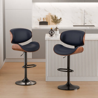 Bar Stools, Set of 2, Faux Leather, Dark Blue/Black/Walnut