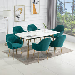 Dining Armchairs, Set of 6, Green Cotton Blend, Brushed Gold Metal Legs