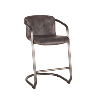 Counter Stool, 26 Inch Seat Height, Antique Ebony Leather, Vintage Bronze Steel Frame