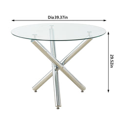 Round Dining Table, Tempered Glass Top, Silver Steel Pedestal Base
