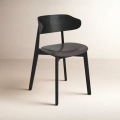 Side Chair, Solid Ash Frame, Genuine Leather Seat, Black
