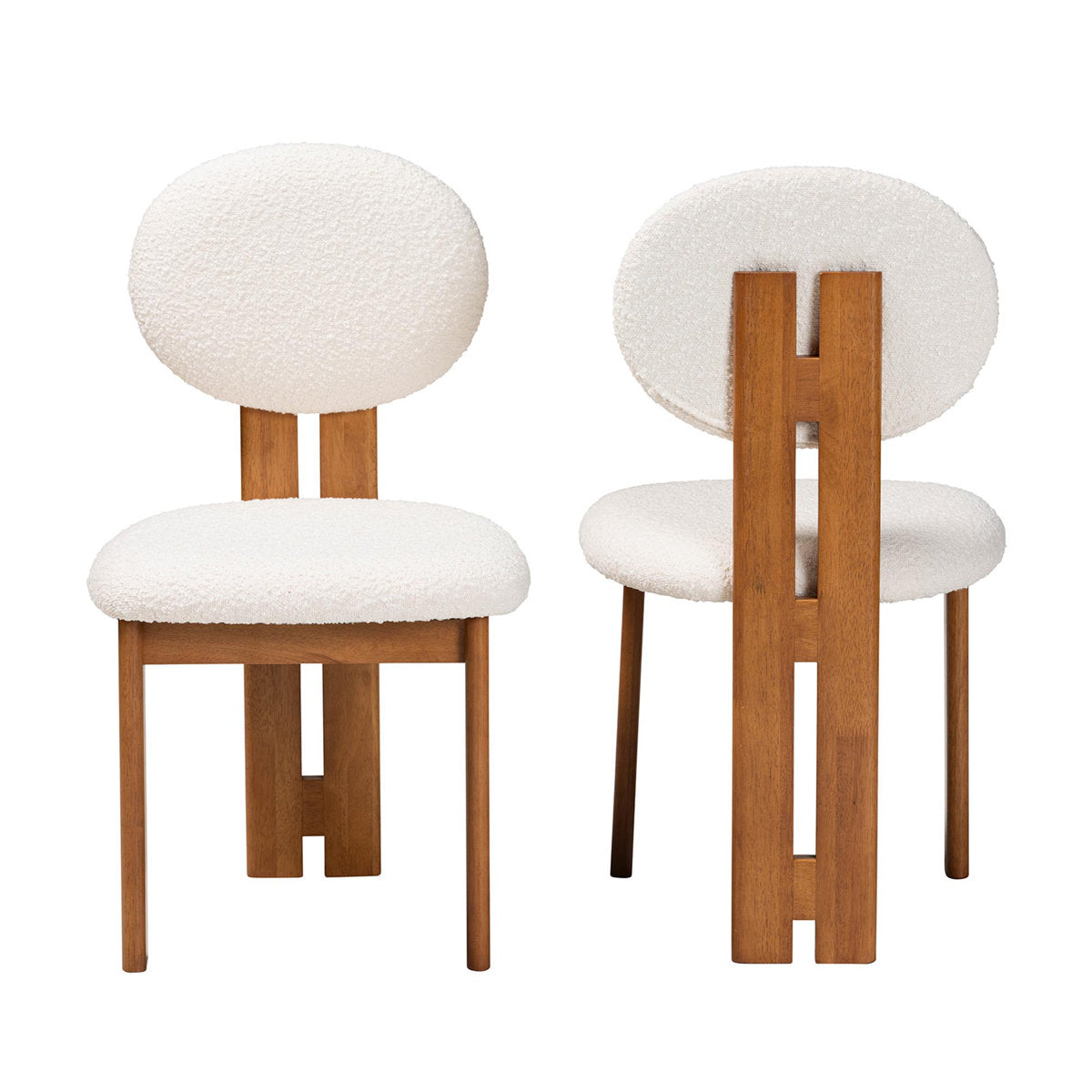 Side Chairs, Set of 2, Cream Boucle Upholstery, Walnut Brown Wood Legs
