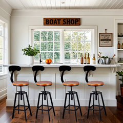 Swivel Bar Stools, Set of 4, Solid Pine Seat, Steel Frame, Brown and Black