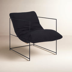 Black Linen Armchair with Iron Frame and Hammock-Style Seat
