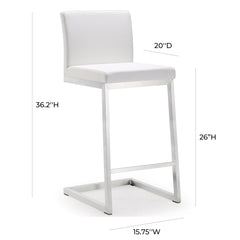 Counter Stools, Set of 2, Stainless Steel Frame, White Faux Leather, Silver