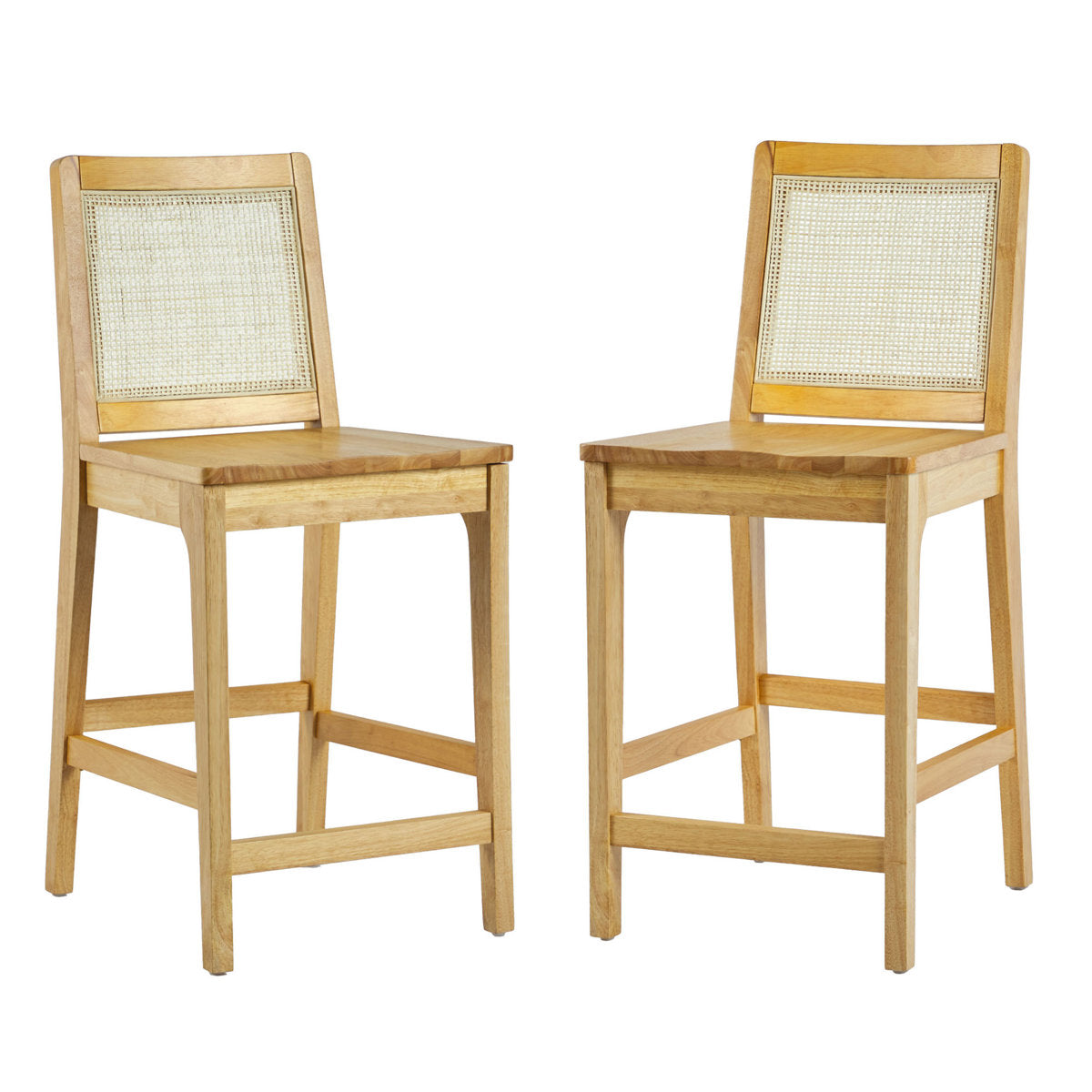 Counter Stools, Set of 2, Natural Cane Back, Solid Rubberwood Frame