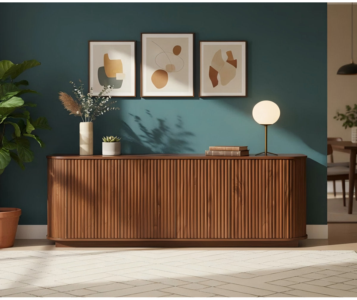 Sideboard Cabinet, MDF, 64 Inch Wide, Walnut Wave Pattern