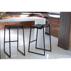 Bar Stool, Gray Genuine Leather Seat, Black Iron Sled Base