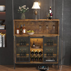 Bar Cabinet, Solid and Manufactured Wood, Sliding Doors, Rustic Brown