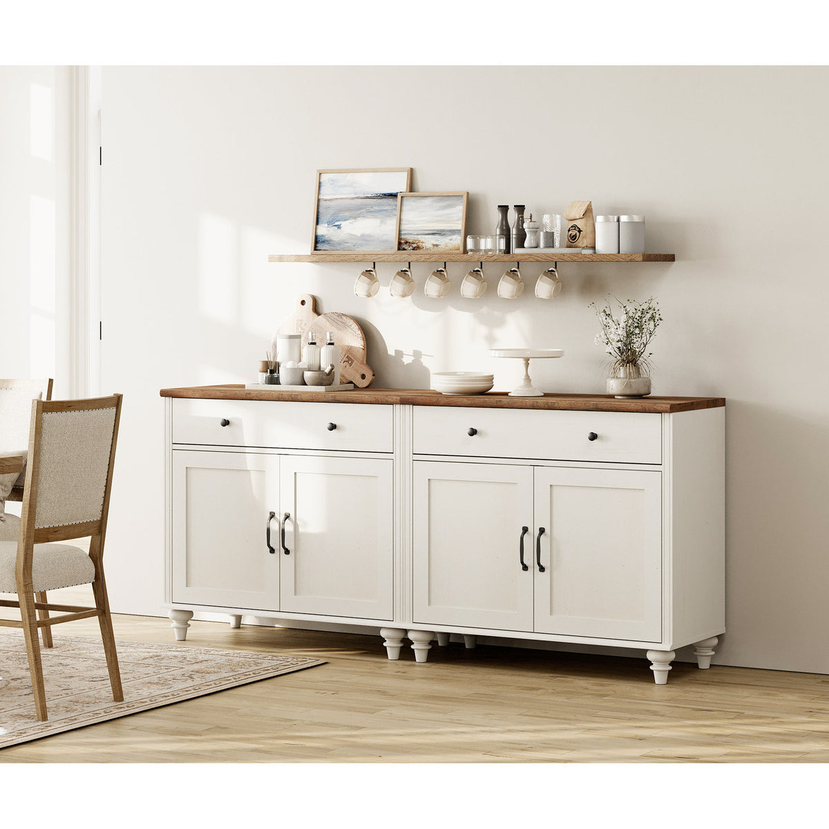 Sideboard Buffet Cabinet, 4 Doors, 2 Drawers, Distressed Wood, White/Brown