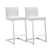 Counter Stools, Set of 2, Stainless Steel Frame, White Faux Leather, Silver
