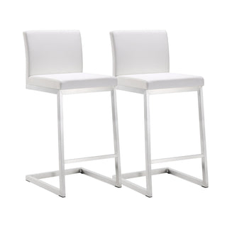 Counter Stools, Set of 2, Stainless Steel Frame, White Faux Leather, Silver