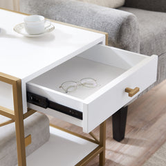 End Table with Drawer, Solid and Manufactured Wood Top, White and Satin Gold