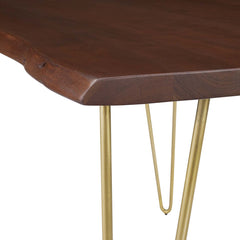 Dining Table, Rectangular Live Edge Acacia Wood, Walnut Top, Gold Steel Legs
