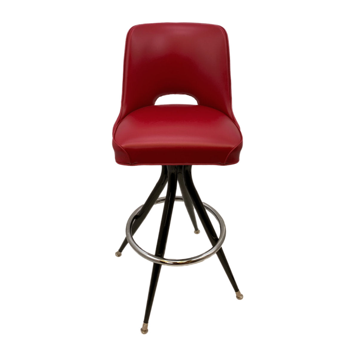 Bar Stool, 30 Inch Seat Height, Tufted Vinyl Swivel, Dark Cherry Seat, Black Metal Frame
