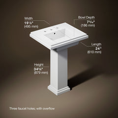 Pedestal Bathroom Sink, Tresham, Fireclay, 8 Inch Centers, White