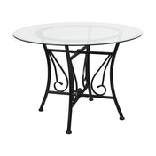 Round Dining Table, Clear Tempered Glass Top, 42 Inch, Black Metal Pedestal Base