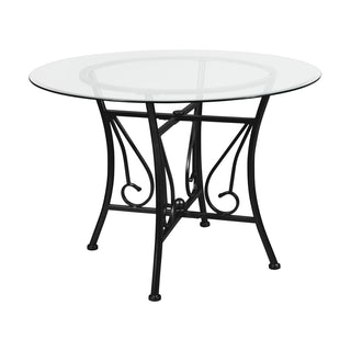 Round Dining Table, Clear Tempered Glass Top, 42 Inch, Black Metal Pedestal Base