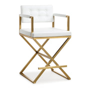 Counter Stool, 26 Inch Seat Height, White Faux Leather, Gold Metal Frame