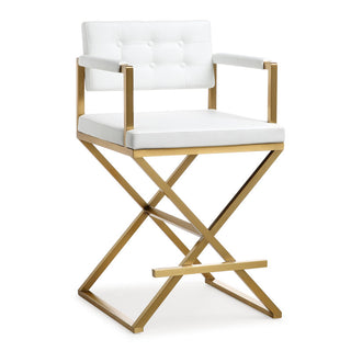 Counter Stool, 26 Inch Seat Height, White Faux Leather, Gold Metal Frame