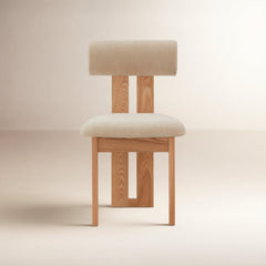 Side Chair, Upholstered Boucle, Ash Wood Frame, Natural Wood Legs