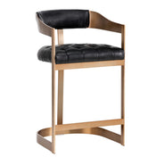 Upholstered Stool, Black Bonded Leather, Antique Brass Stainless Steel Frame