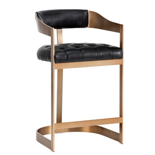 Upholstered Stool, Black Bonded Leather, Antique Brass Stainless Steel Frame