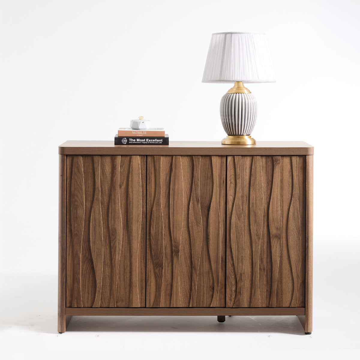 Sideboard Credenza, 3-Door Manufactured Wood with Adjustable Shelves, Walnut