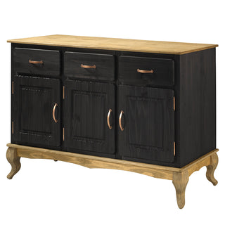 Buffet Cabinet, Solid Pine Wood, 3 Doors, 3 Drawers, Black Wax Finish