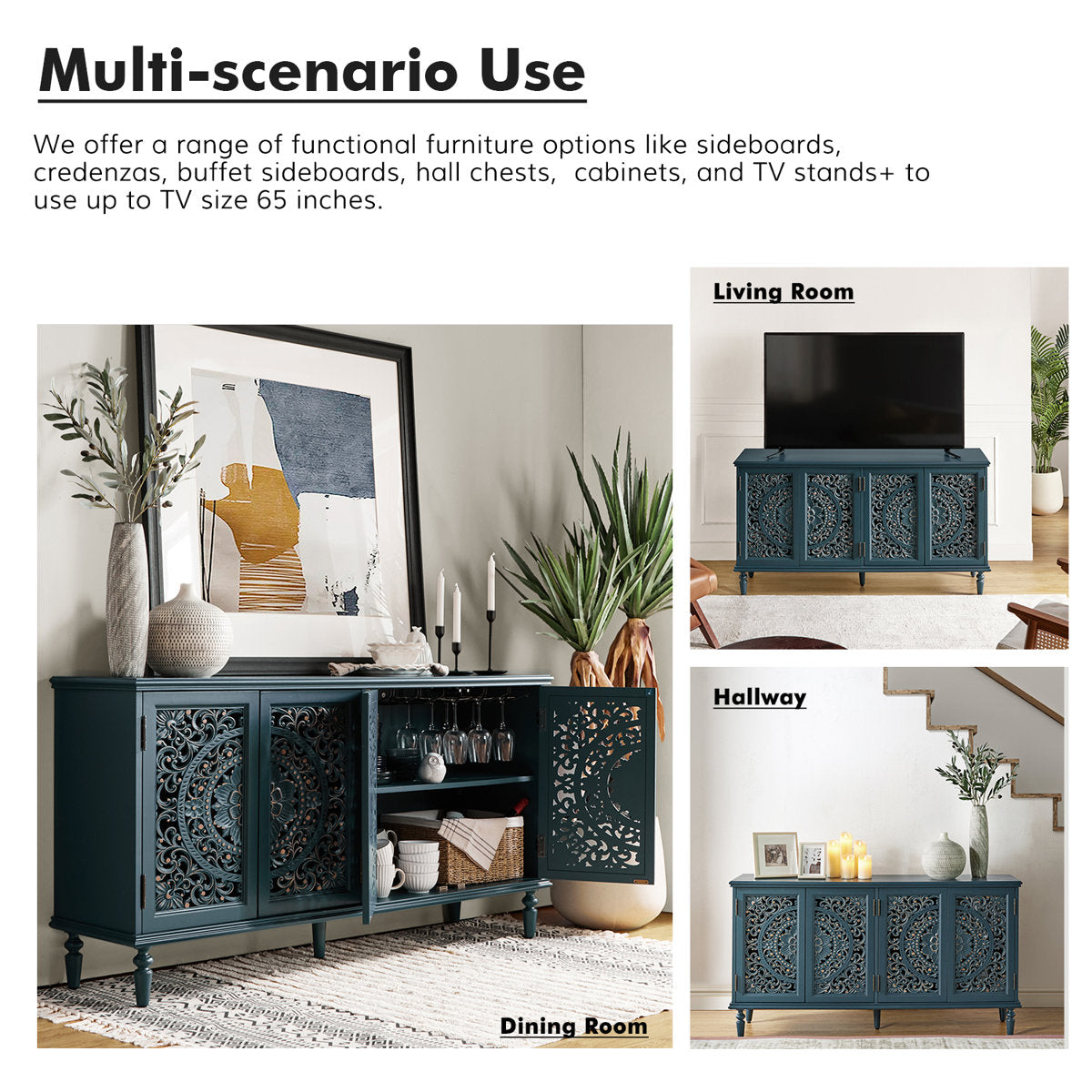 Sideboard, 4 Doors, Solid and Manufactured Wood, 61 Inch, Blue