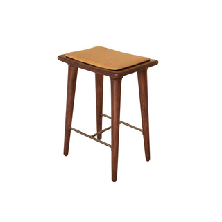 Counter Stool, Solid Mango Wood, Cream Leather Seat, Brown Base