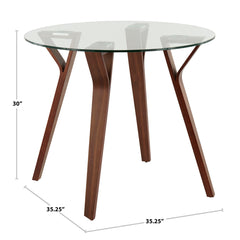 Round Glass Table, Seats 4, Clear Glass Top, Walnut Four-Leg Base