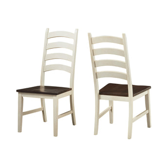 Side Chairs, Set of 2, Solid Rubberwood, Ladder Back, White and Brown