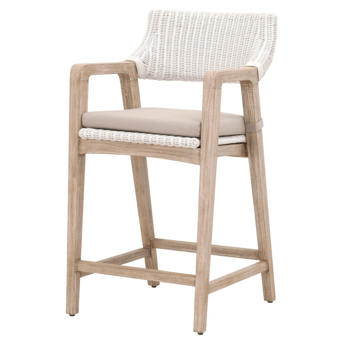 Armchair, Solid Wood Frame, Wicker and Linen Blend Seat, Light Gray