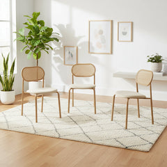 Dining Chairs, Set of 4, Linen Fabric Seat, Rattan Back, Natural Metal Legs