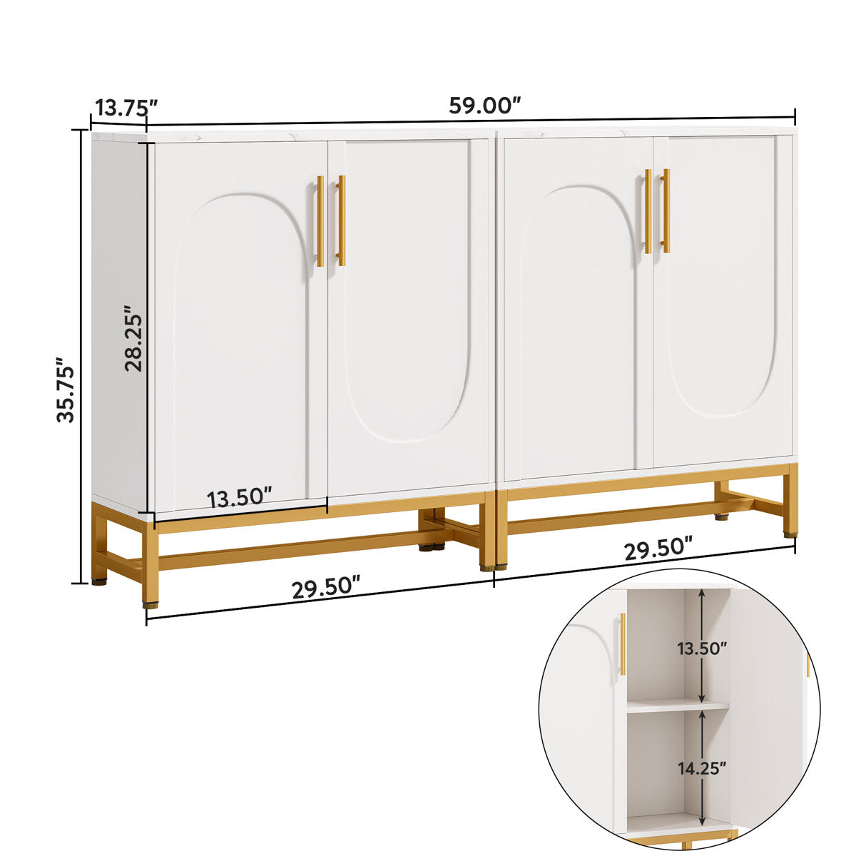 Sideboard Cabinet, Manufactured Wood, White and Gold, Metal Legs