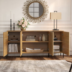 Sideboard with Four Cabinet Doors, Engineered Wood, Metal Base, Oak