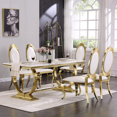 Dining Table, Seats 6, White Faux Marble Top, Gold Stainless Steel Pedestal Base