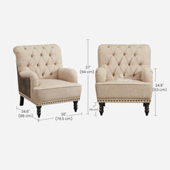 Armchair, Beige Cotton Blend Upholstery, Solid Wood Frame, Black Legs