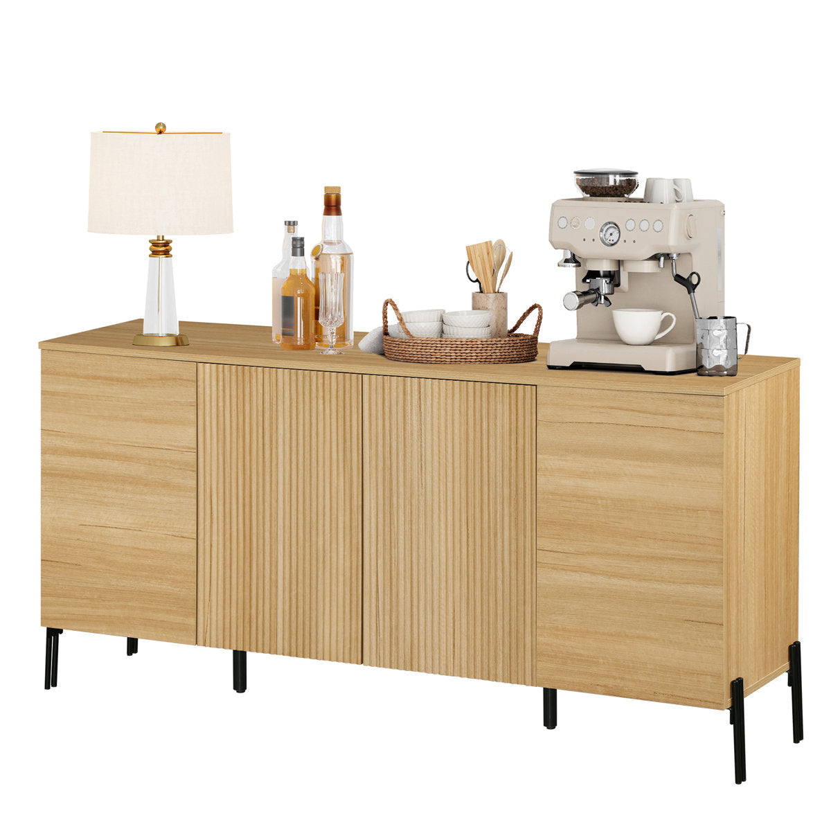 Sideboard with Four Cabinet Doors, Engineered Wood, Metal Base, Oak