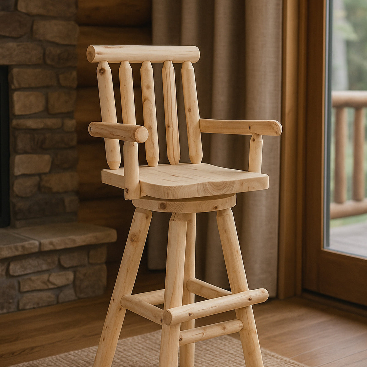 Swivel Bar Stool with Back and Arms, Solid Wood, Brown