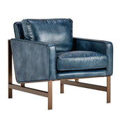 Armchair, Top-Grain Leather, Metal Frame, Brass Finish Legs