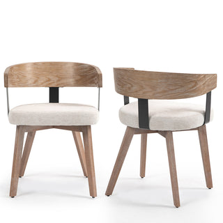 Dining Armchairs, Set of 2, Beige Linen Fabric, Solid Back, Black Iron Accents