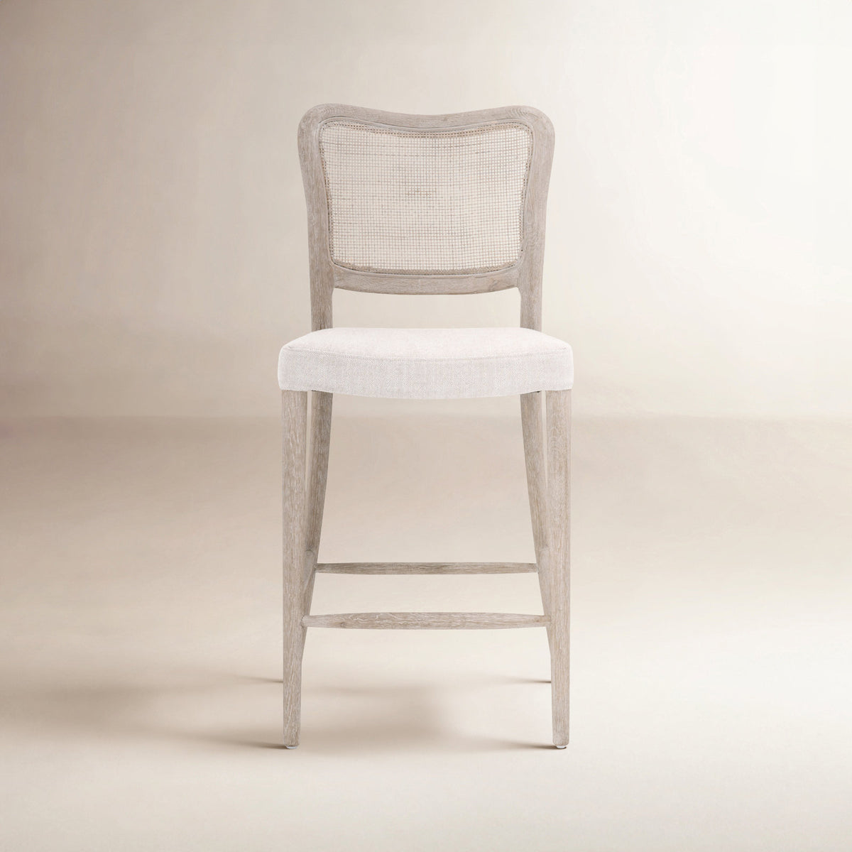 Counter Stool, Solid Oak Frame, Cane Back, Beige Linen Blend Seat, Matte Brown Base