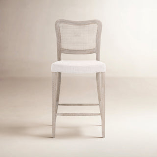 Counter Stool, Solid Oak Frame, Cane Back, Beige Linen Blend Seat, Matte Brown Base