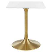 Square Pedestal Dining Table, 23.5 Inch, White Gloss Top, Gold Base