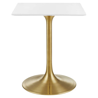 Square Pedestal Dining Table, 23.5 Inch, White Gloss Top, Gold Base